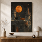 Two Cats Castle Moon Halloween Canvas Wall Art