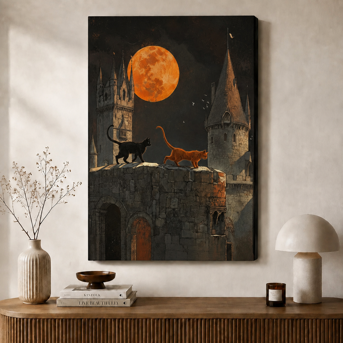Two Cats Castle Moon Halloween Canvas Wall Art