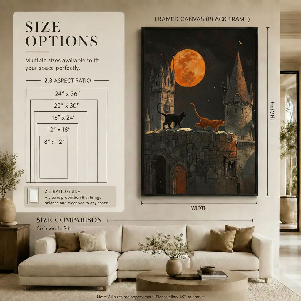 Two Cats Castle Moon Halloween Canvas Wall Art