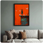 Girl and White Doves Bold Orange Canvas Wall Art