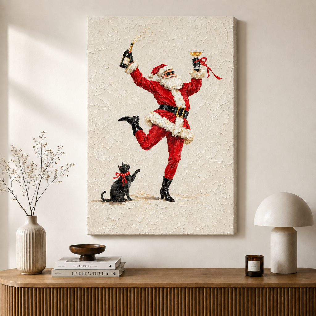Dancing Santa Champagne Cat Christmas Canvas Art