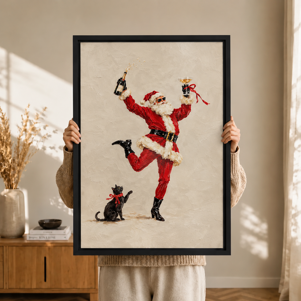 Dancing Santa Champagne Cat Christmas Canvas Art