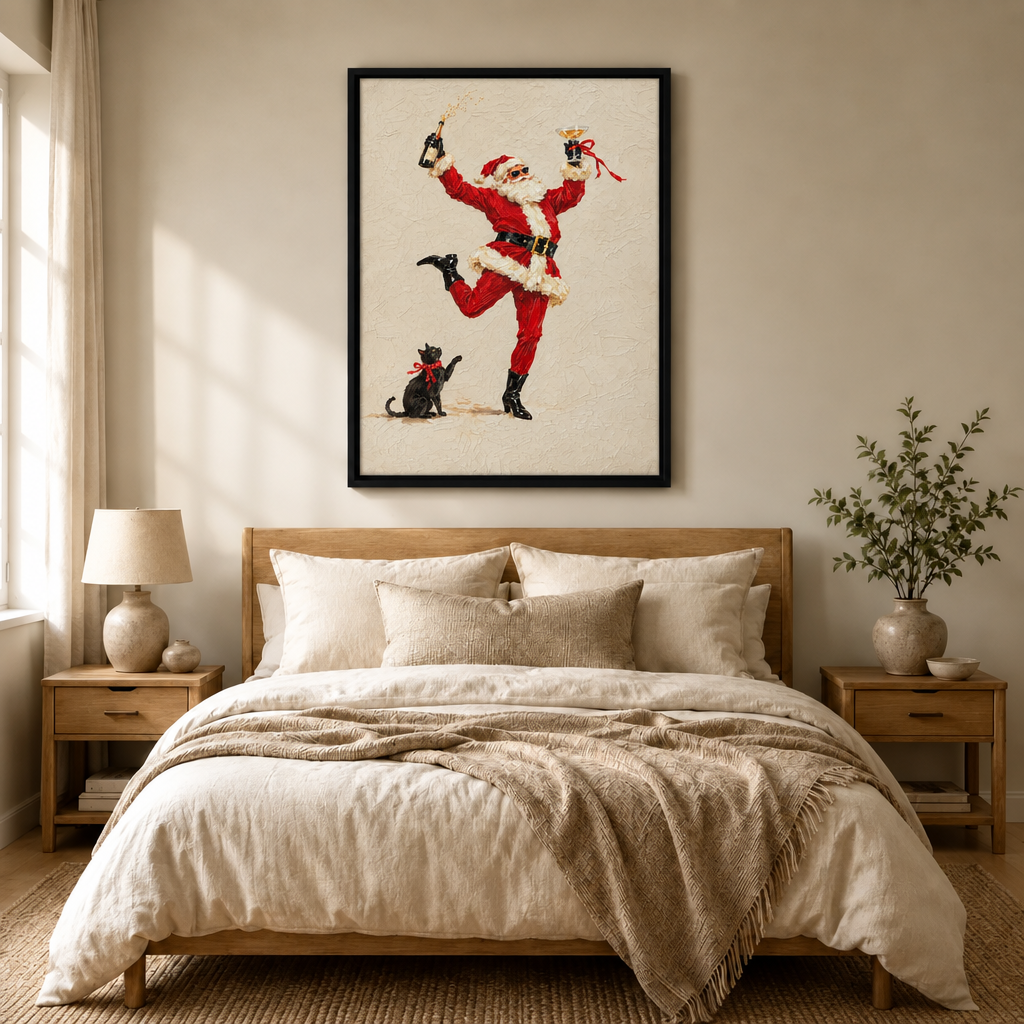 Dancing Santa Champagne Cat Christmas Canvas Art