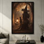 Witch and Cat Forest Lantern Canvas Wall Art