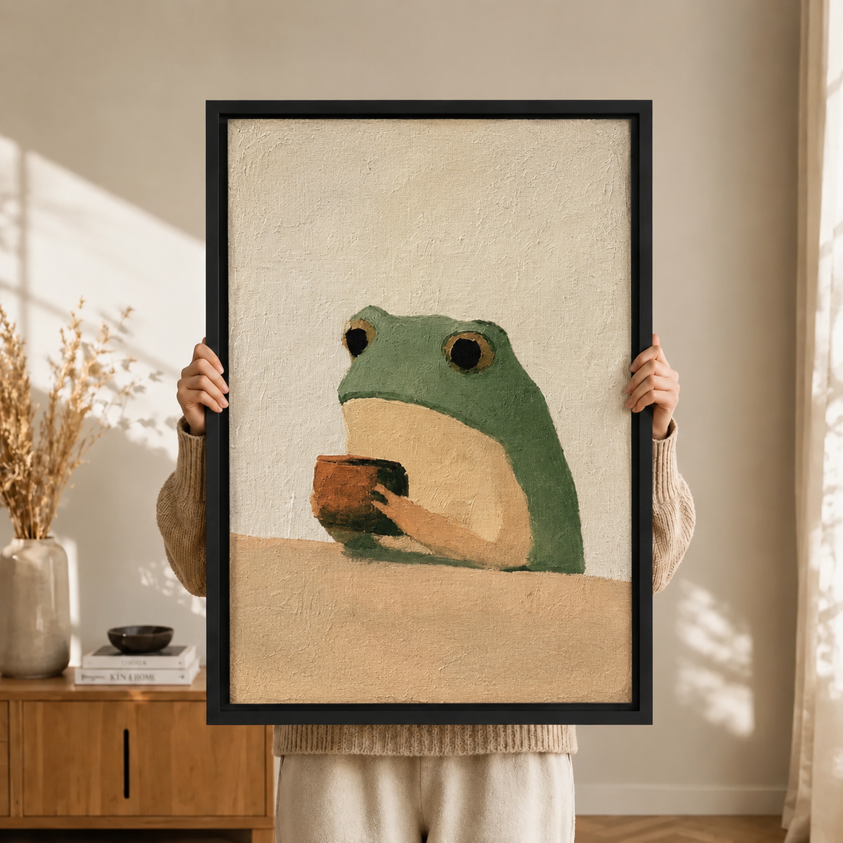 Zen Frog Tea Minimalist Textured Canvas Art