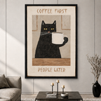 Coffee First Black Cat Retro Poster Canvas Art