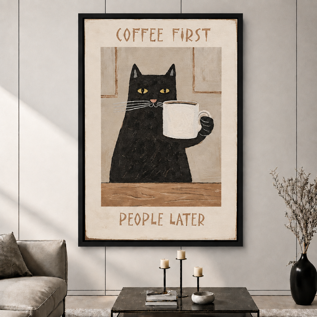 Coffee First Black Cat Retro Poster Canvas Art