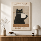 Coffee First Black Cat Retro Poster Canvas Art