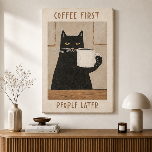 Coffee First Black Cat Retro Poster Canvas Art