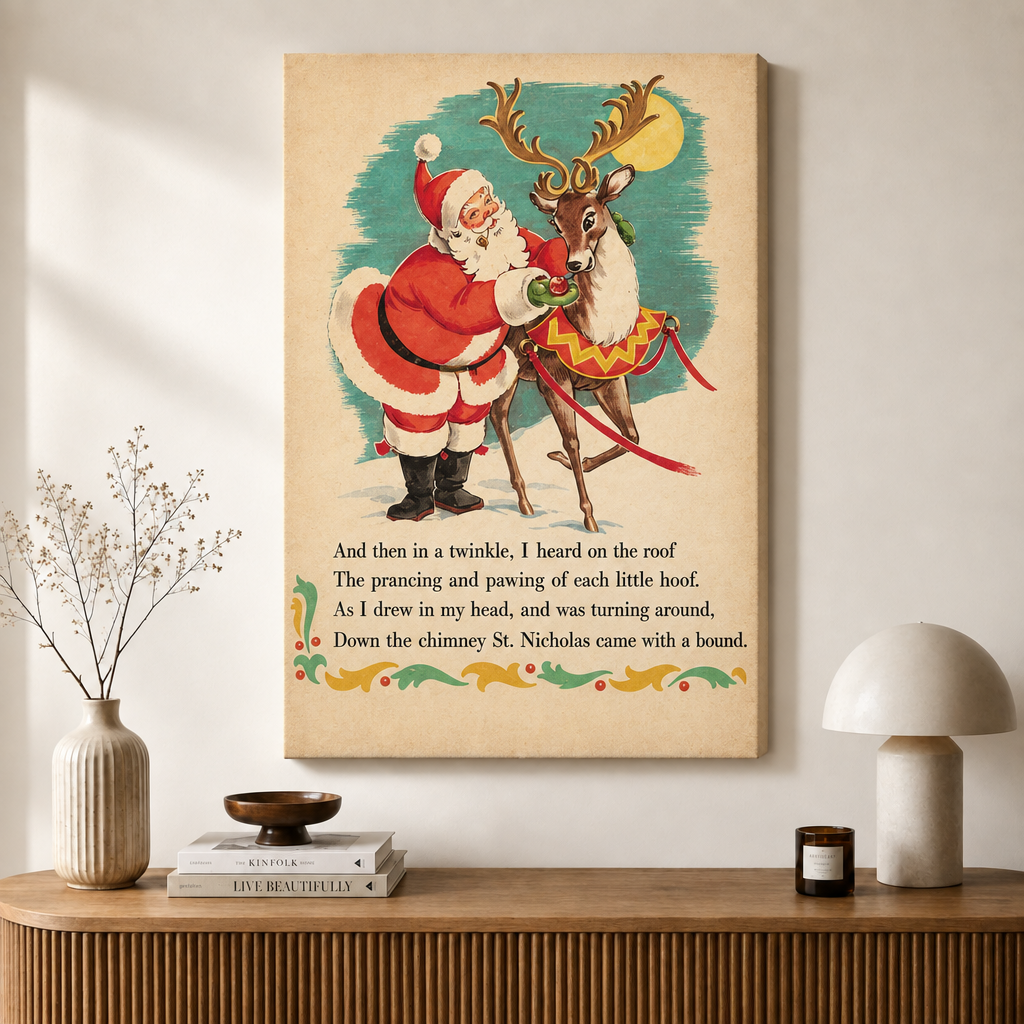 Vintage Santa Reindeer Christmas Poem Canvas Art