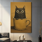 Black Cat in Teacup Vintage Canvas Wall Art