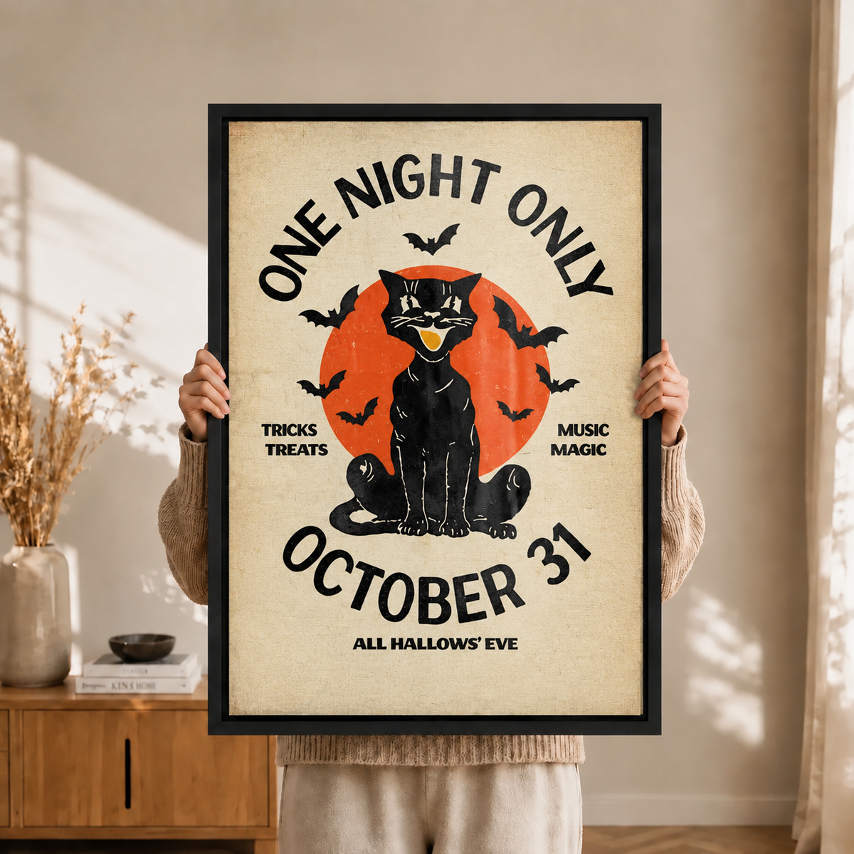 Halloween Black Cat Vintage Poster Canvas Art