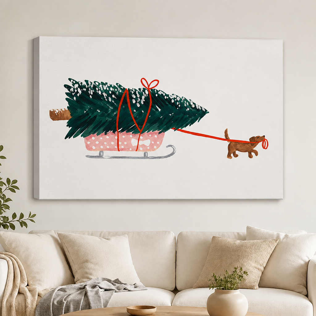 Dachshund Pulling Christmas Tree Sled Canvas