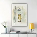 Frog in the Shower Wall Art – Whimsical Watercolour Bathroom Canvas Print on Natural Wood Frame | W2320