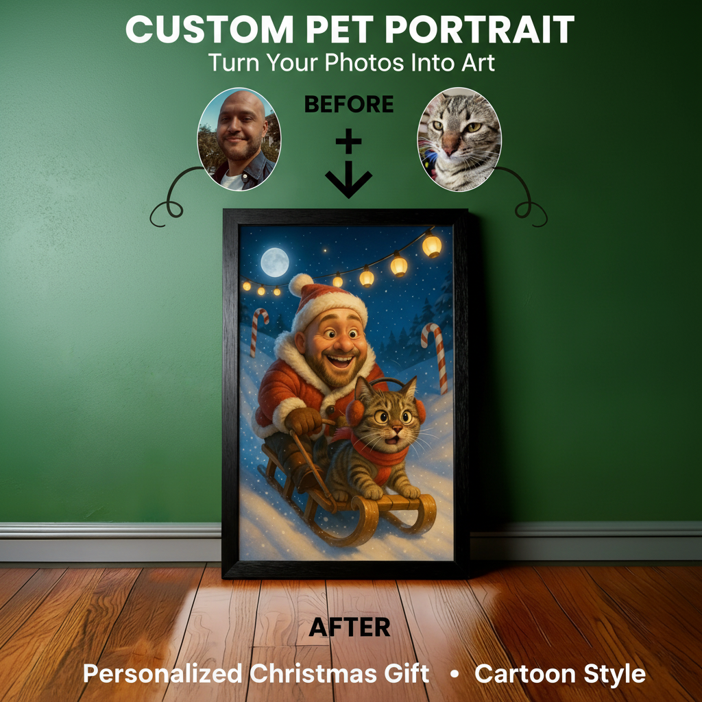 Custom Christmas Pet Portrait,Personalized Gift, Funny Santa Cat & Owner Illustration Wall Art,Holiday Home Decor