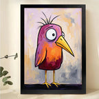 Whimsical Pink-Orange Bird Wall Art – Quirky Abstract Bird Canvas Print on Natural Wood Frame | W2425