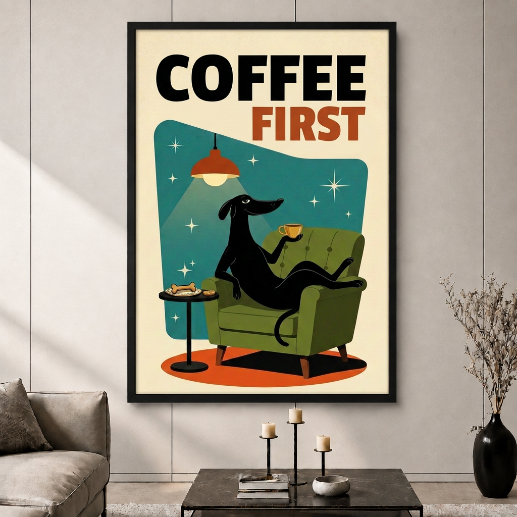 Coffee First Greyhound Retro Poster Canvas Wall Art