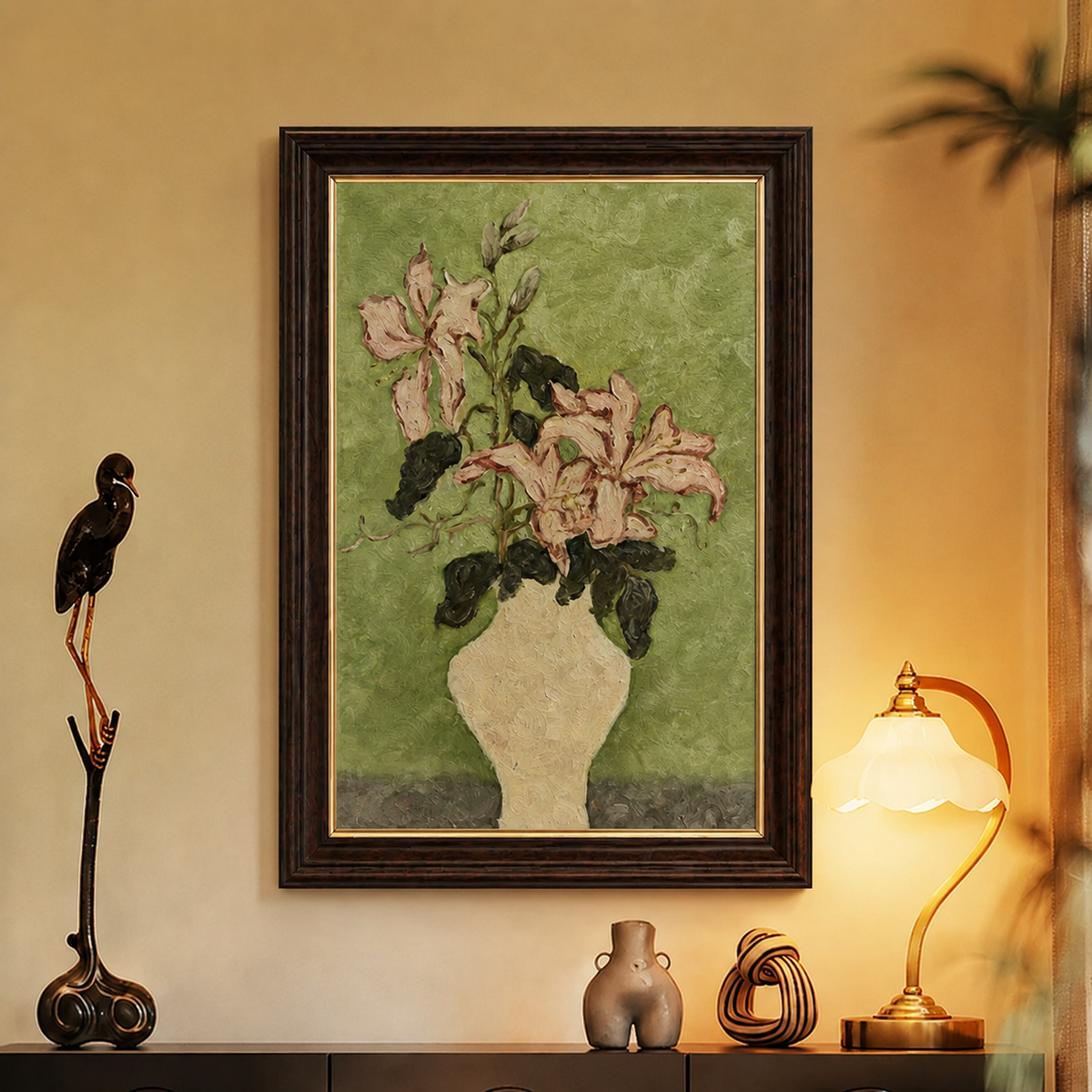 White Lilies Vase Green Painterly Still Life Canvas