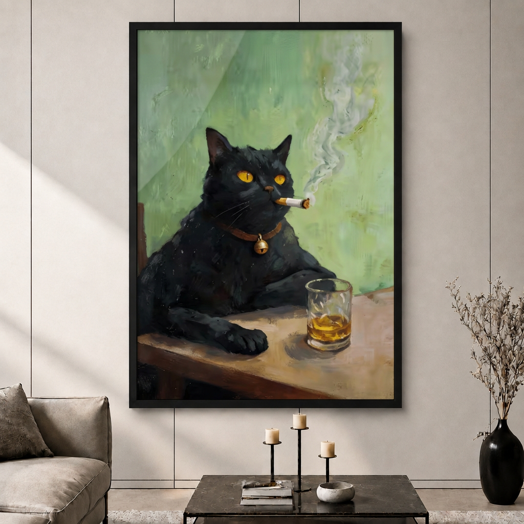 Cigar Cat Whiskey Black Cat Canvas Wall Art