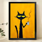 Retro Black Cat with Coffee & Pipe – Bold Yellow Background Wall Art on Natural Wood Canvas | W718
