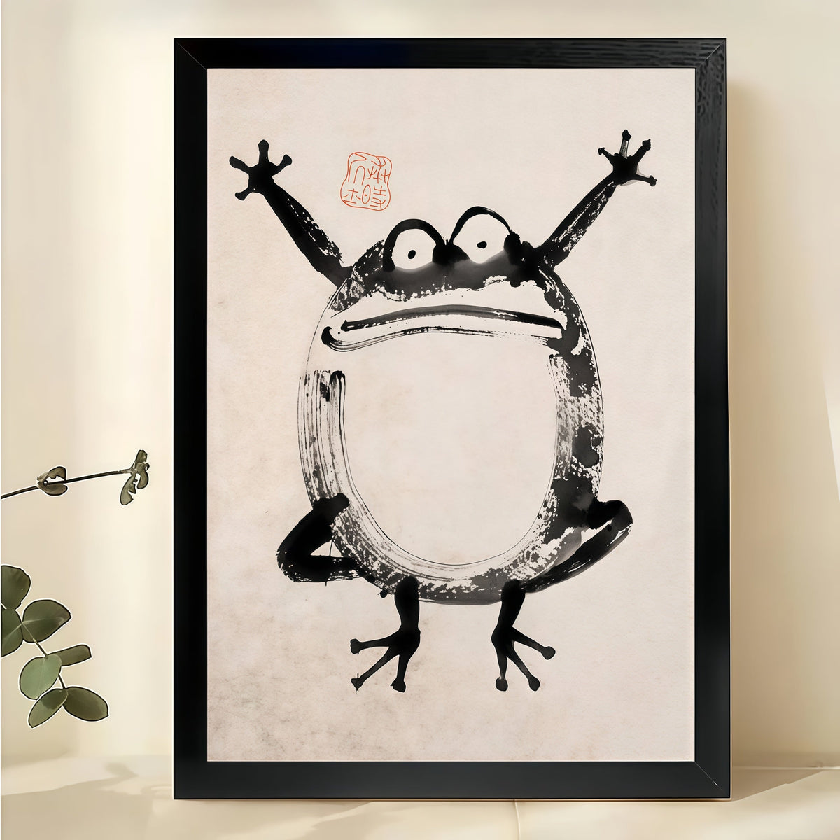 Joyful Frog in Sumi-e Style – Whimsical Japanese-Inspired Wall Art on Natural Wood Canvas | W830