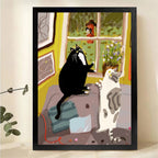 Two Cats Watching Bird by Window Wall Art - Cozy Illustrated Canvas Print|W1412