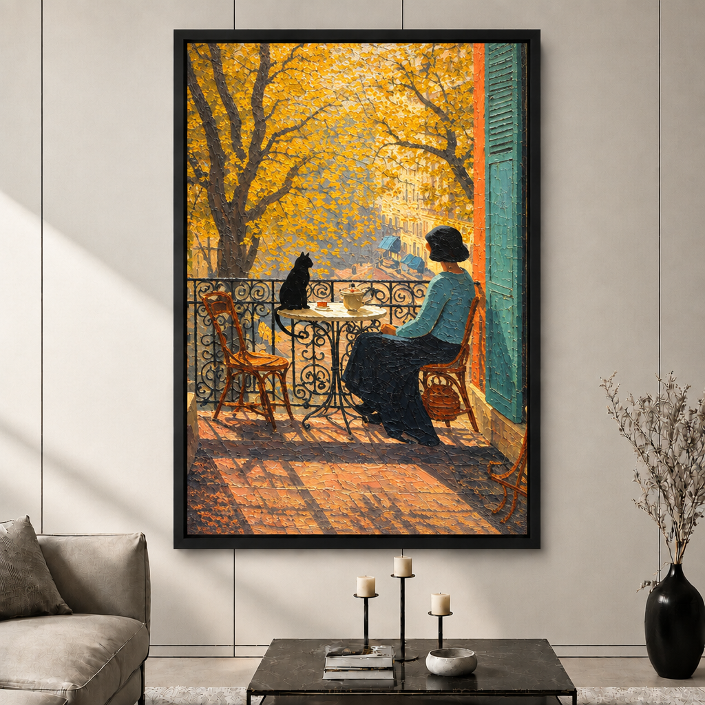 Autumn Balcony Cat Impressionist Canvas Wall Art