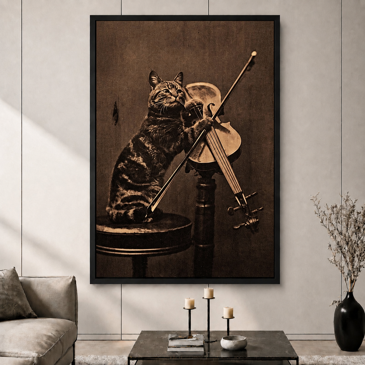 Vintage Cat Violin Sepia Canvas Art Print