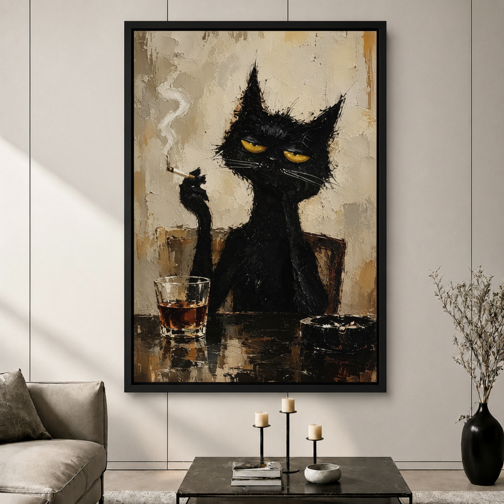 Moody Black Cat Whiskey Oil Painting Canvas Art