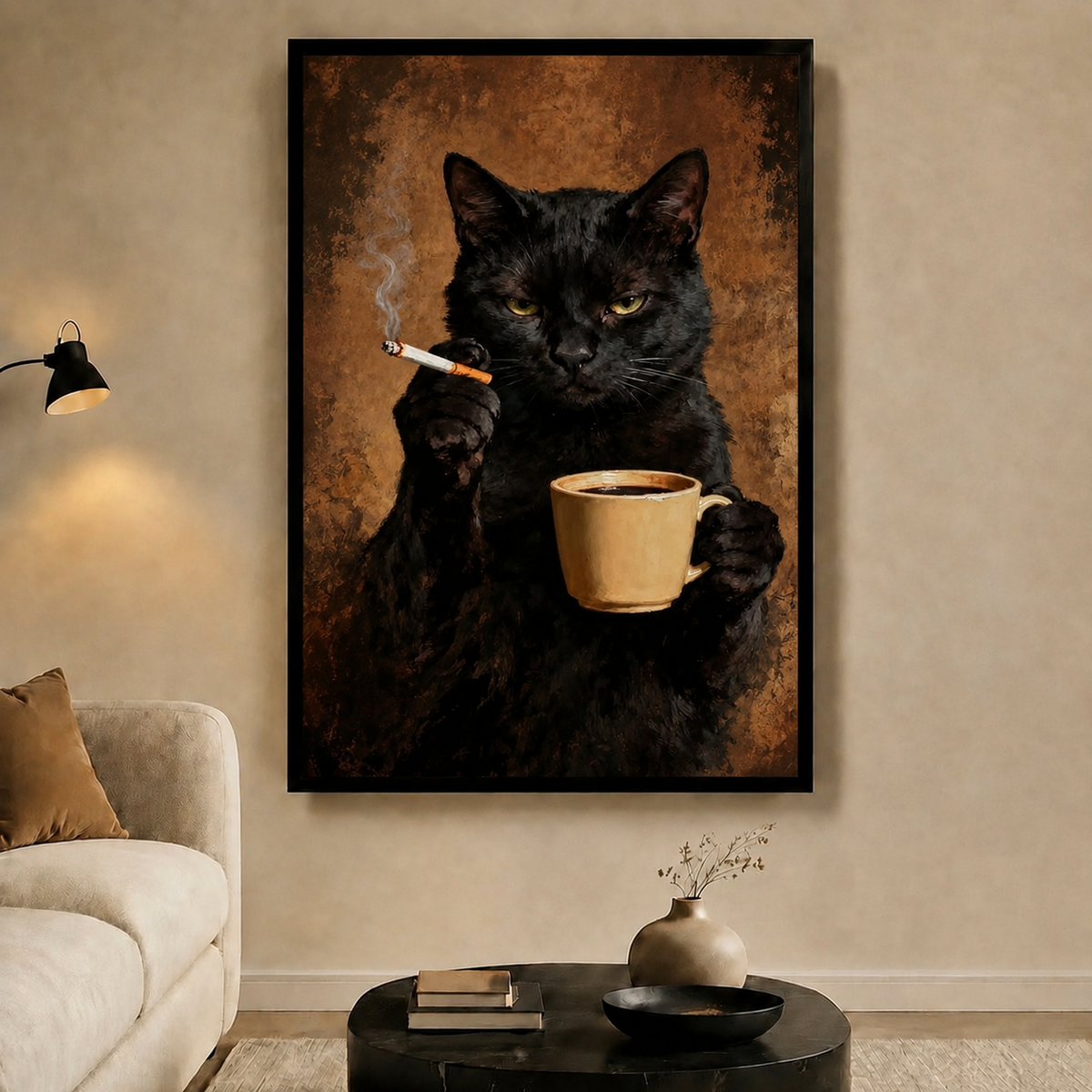 Moody Black Cat Coffee Cigarette Oil Canvas Art