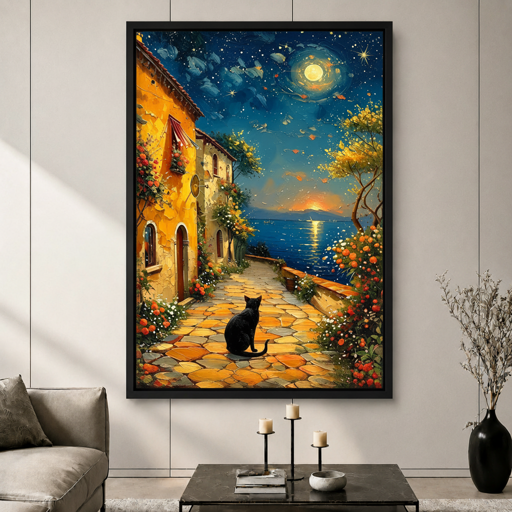 Starry Night Black Cat Village Canvas Art