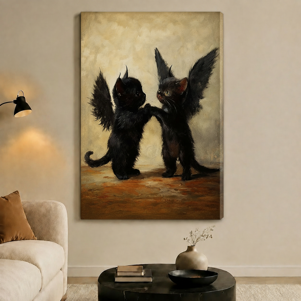Black Winged Kittens Gothic Portrait Canvas Art