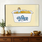 Girl Bathing in Mac & Cheese Wall Art – Funny Surrealist Illustration Canvas Print on Natural Wood Frame | W2194