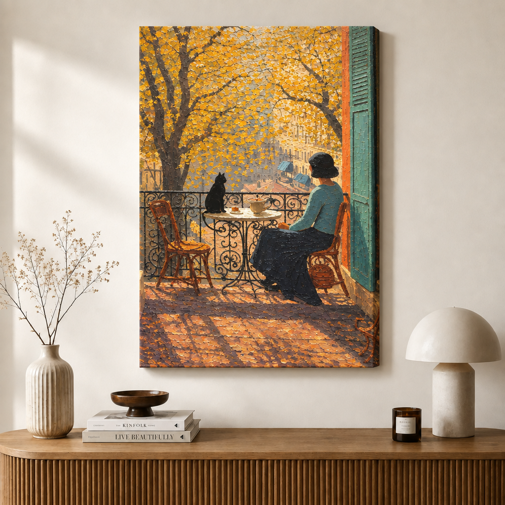 Autumn Balcony Cat Impressionist Canvas Wall Art