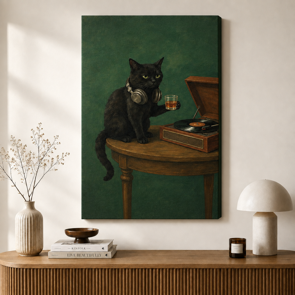 Black Cat Vinyl Record Canvas Art