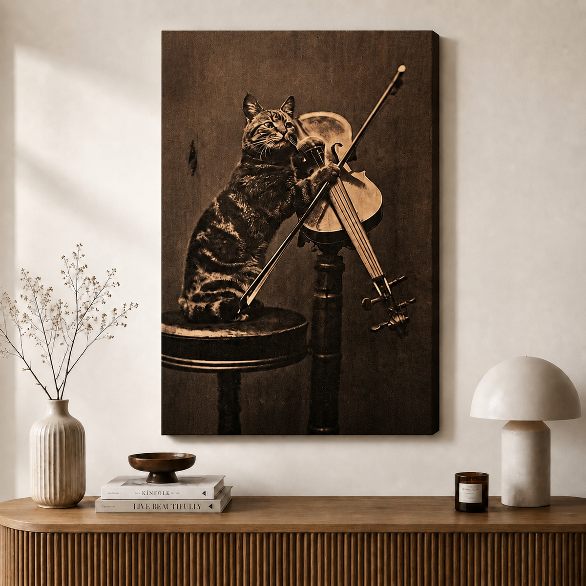 Vintage Cat Violin Sepia Canvas Art Print