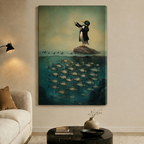 Penguin Conductor Surreal Ocean Canvas Wall Art