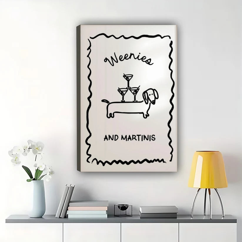 Weenies and Martinis – Funny Dachshund Cocktail Bar Wall Art on Natural Wood Canvas | W2039