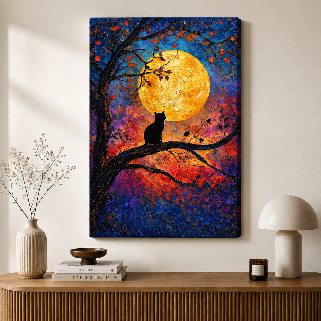 Black Cat Full Moon Night Canvas Wall Art