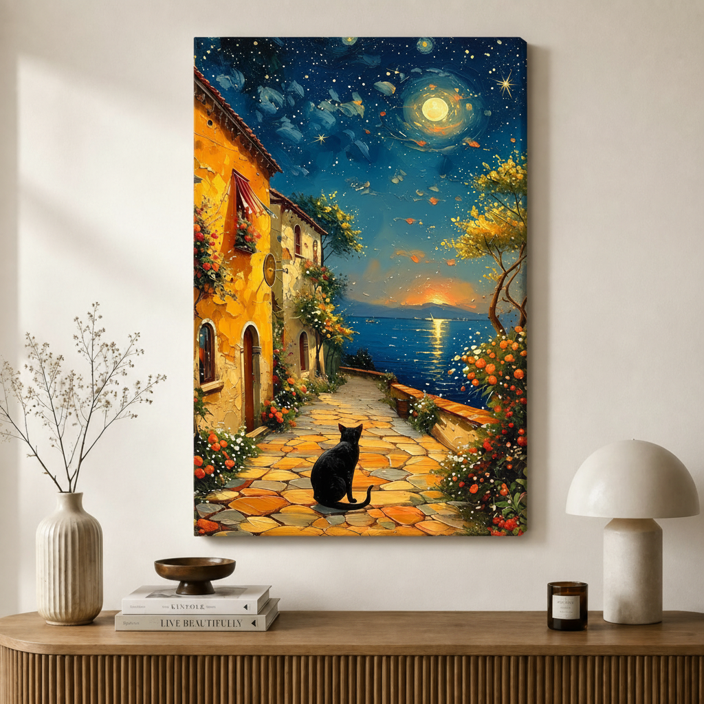 Starry Night Black Cat Village Canvas Art