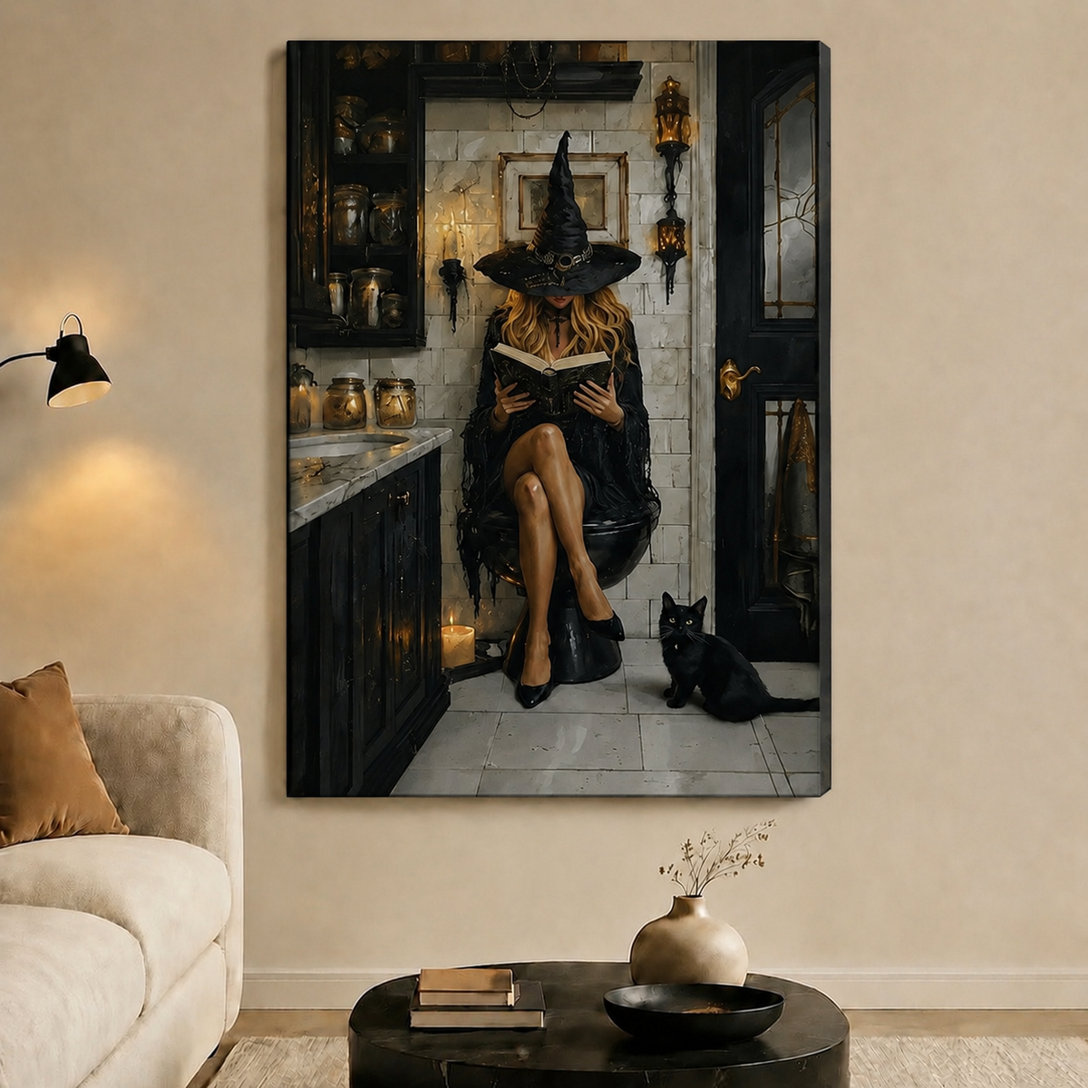Witch Reading Black Cat Gothic Canvas Wall Art