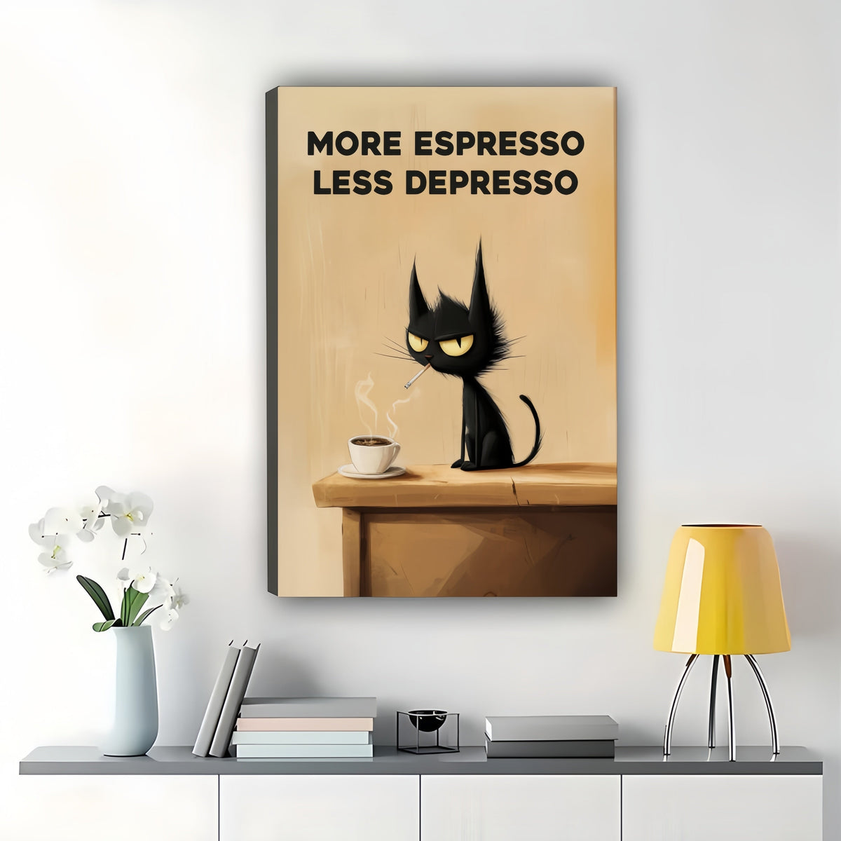 More Espresso Less Depresso Sassy Black Cat – Humorous Coffee Wall Art on Natural Wood Canvas | W954