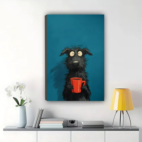 Cool Black Dog with Coffee Cup – Minimalist Bold Wall Art on Natural Wood Canvas | W814