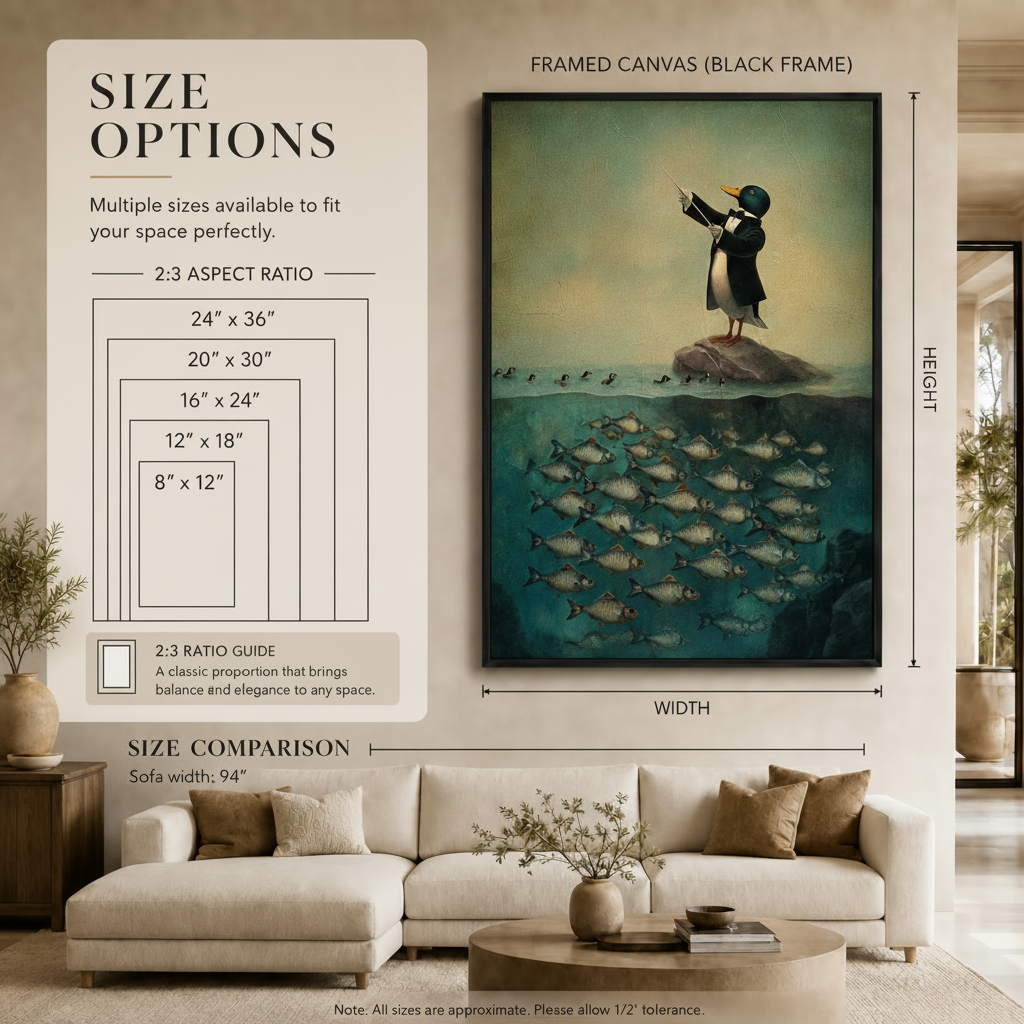 Penguin Conductor Surreal Ocean Canvas Wall Art