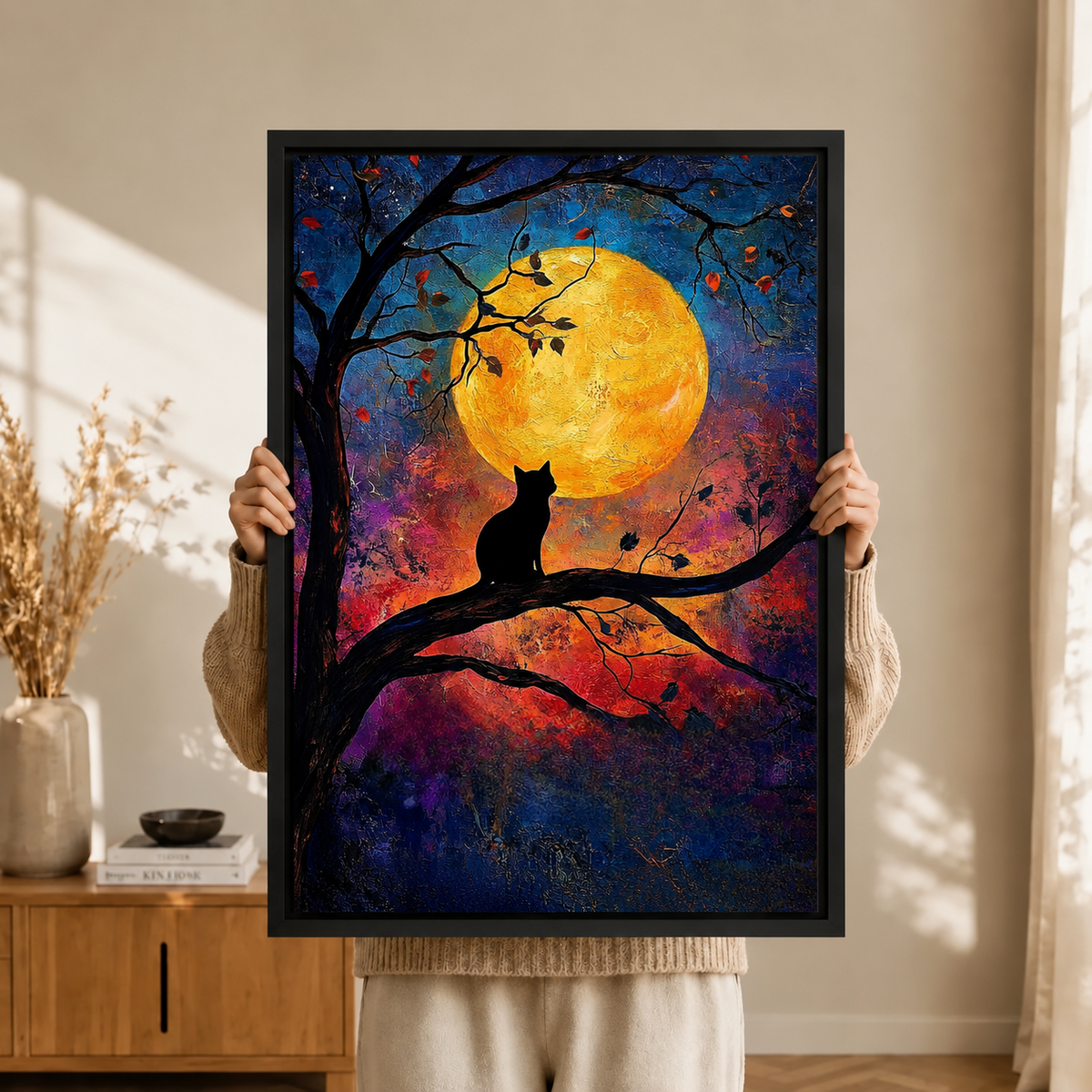 Black Cat Full Moon Night Canvas Wall Art
