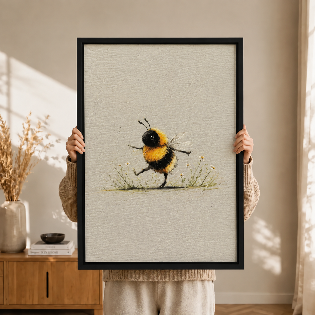 Whimsical Bumblebee Dancing Daisy Canvas Art