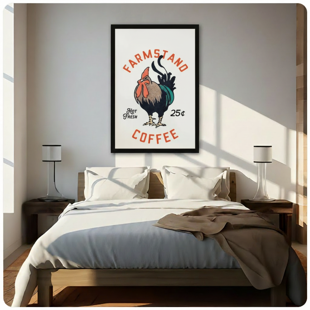 Retro rooster Americana canvas print — vintage farmstand coffee wall art for country-style home interior