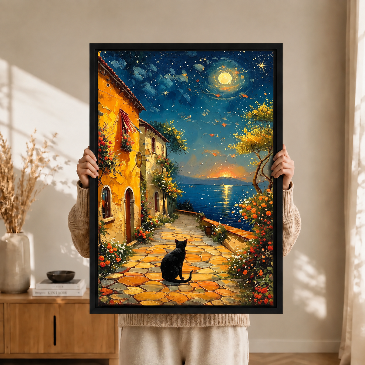 Starry Night Black Cat Village Canvas Art