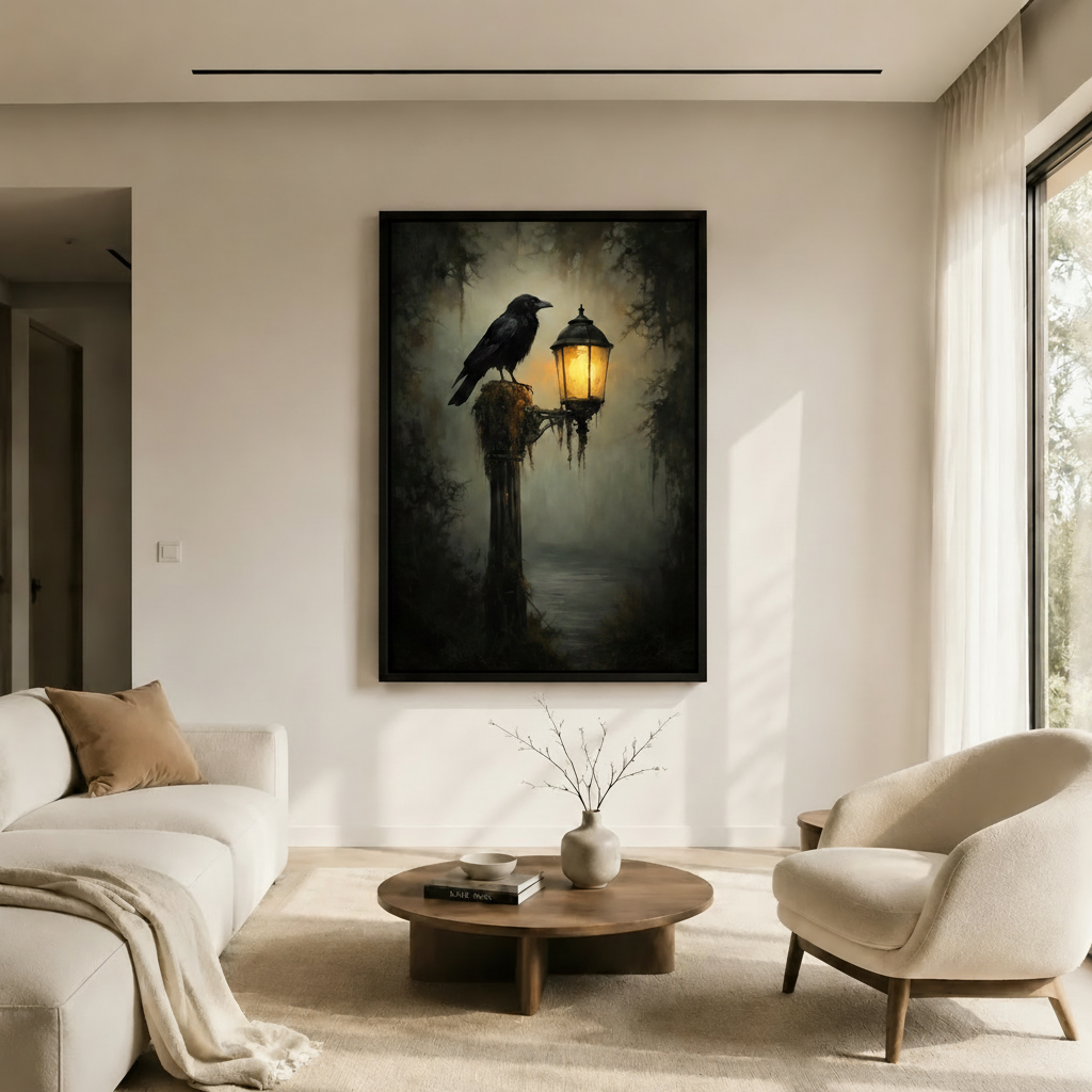 Raven on Lantern Gothic Foggy Forest Canvas Wall Art