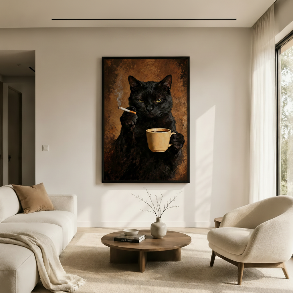 Moody Black Cat Coffee Cigarette Oil Canvas Art